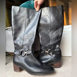 COACH Carolina Black Leather Wide-Calf Riding Boots 9.5 Silver Hardware